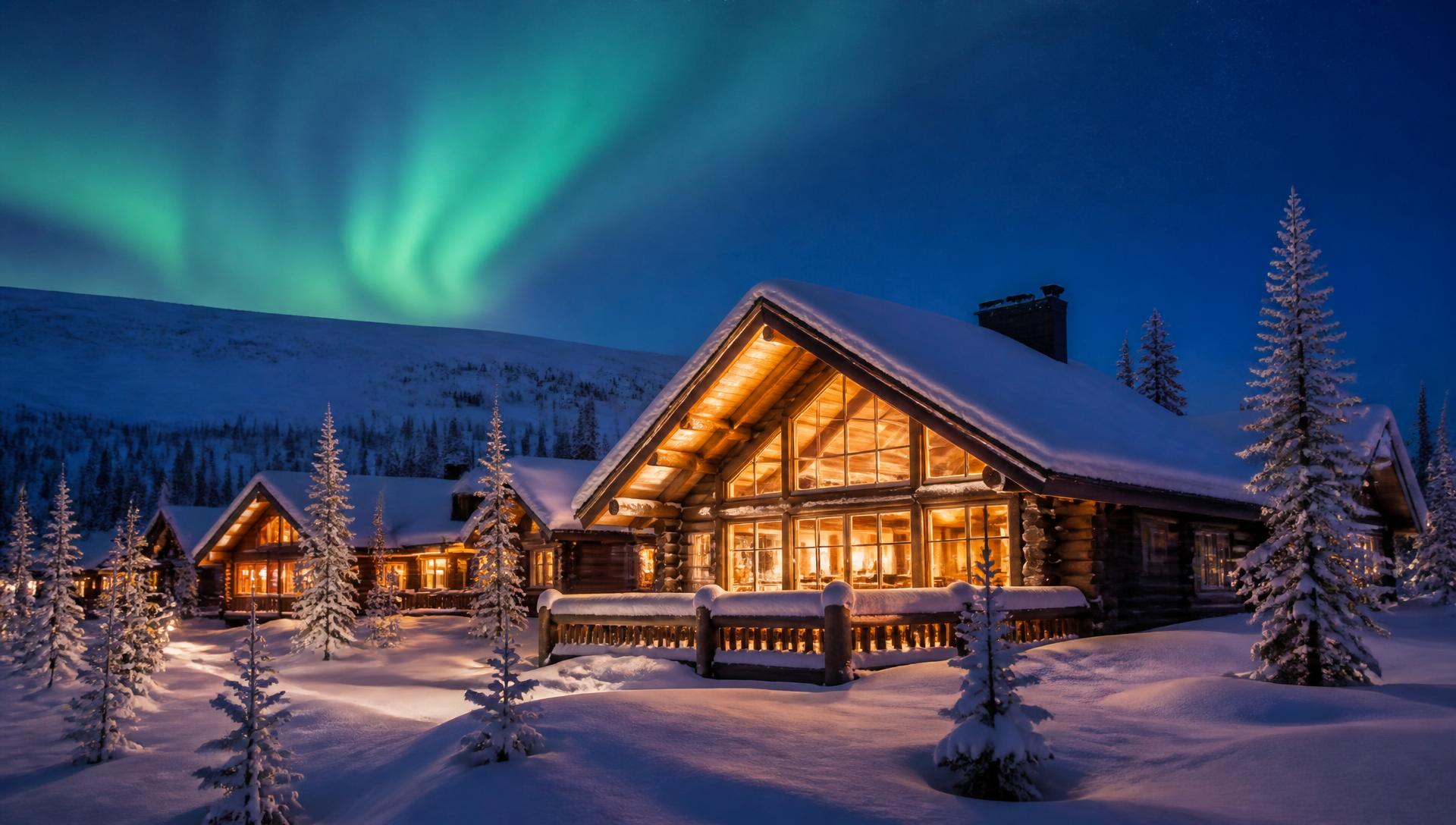 Lomamökkejä Lapissa lumisessa maisemassa revontulten alla
